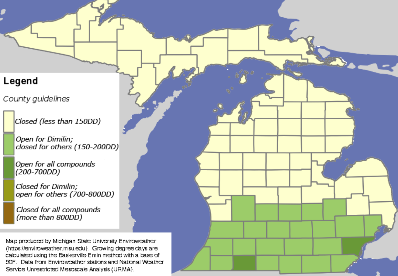 A map of Michigan showing the spongy moth treatment windows by county.
